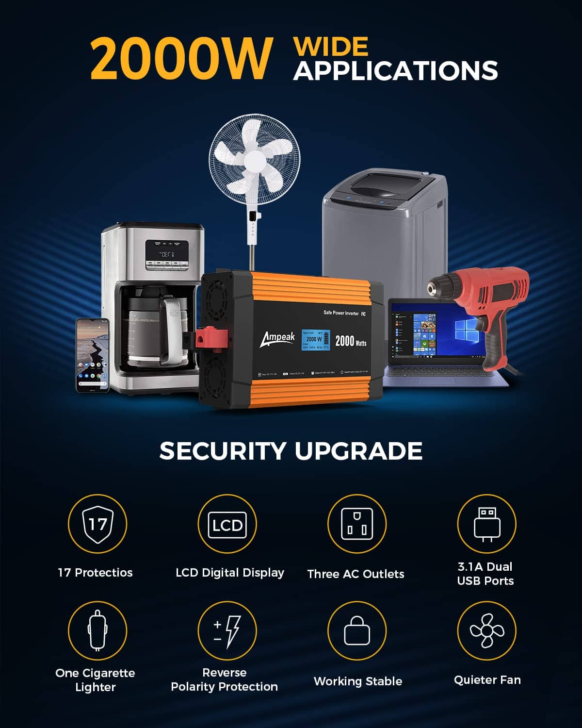 Inversor de corriente Ampeak 2000W 6.2A con Doble Puertos - Imagen 5