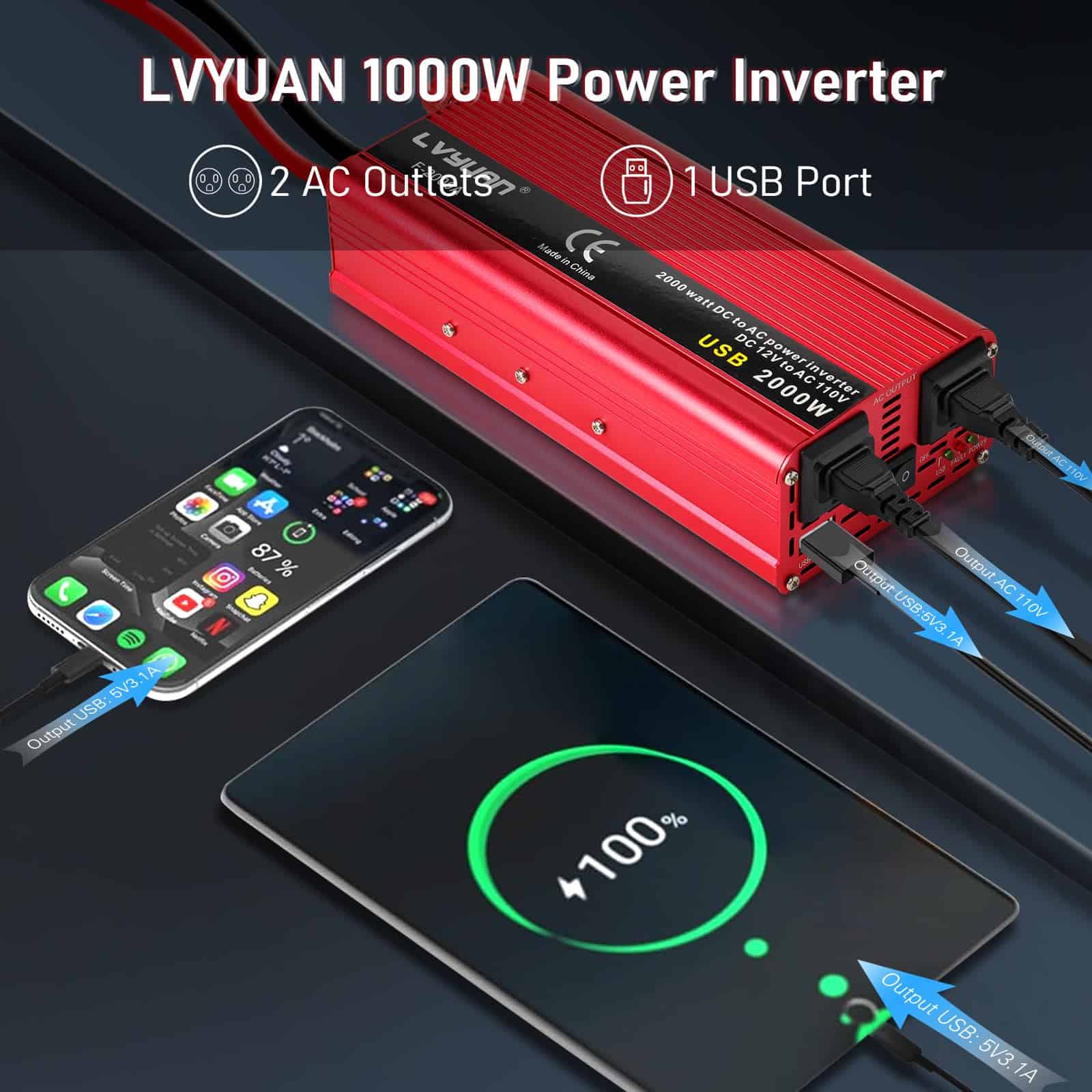 Convertidor de Corriente para Coche LVYUAN 1000W 12V a 110V - Imagen 4