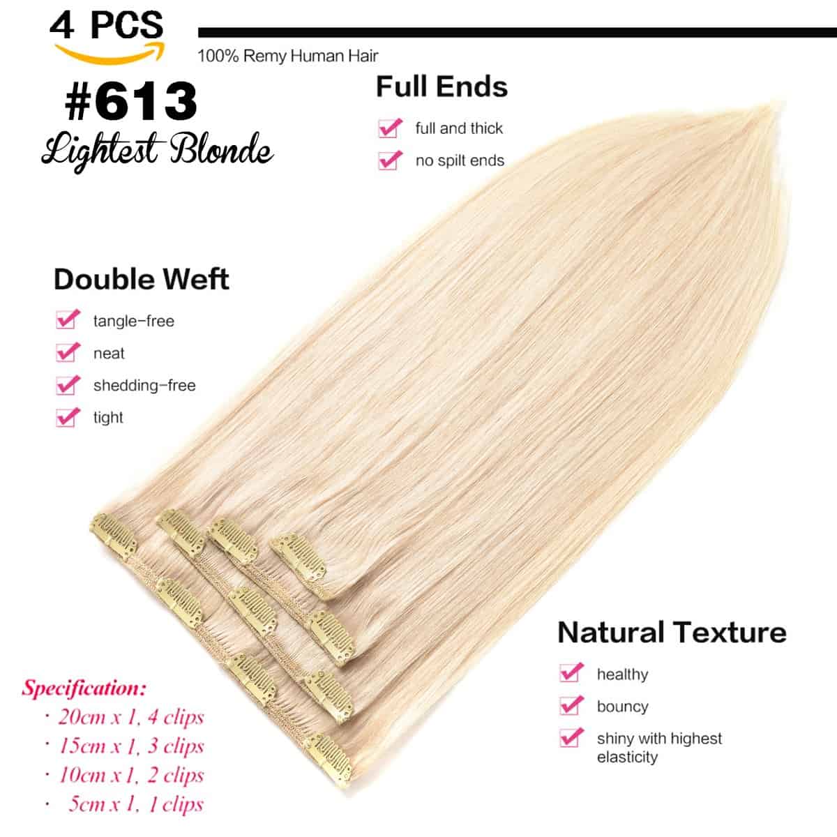 Extensiones de Cabello Clip en Cabello -Rubio Más Claro #613 - Imagen 3