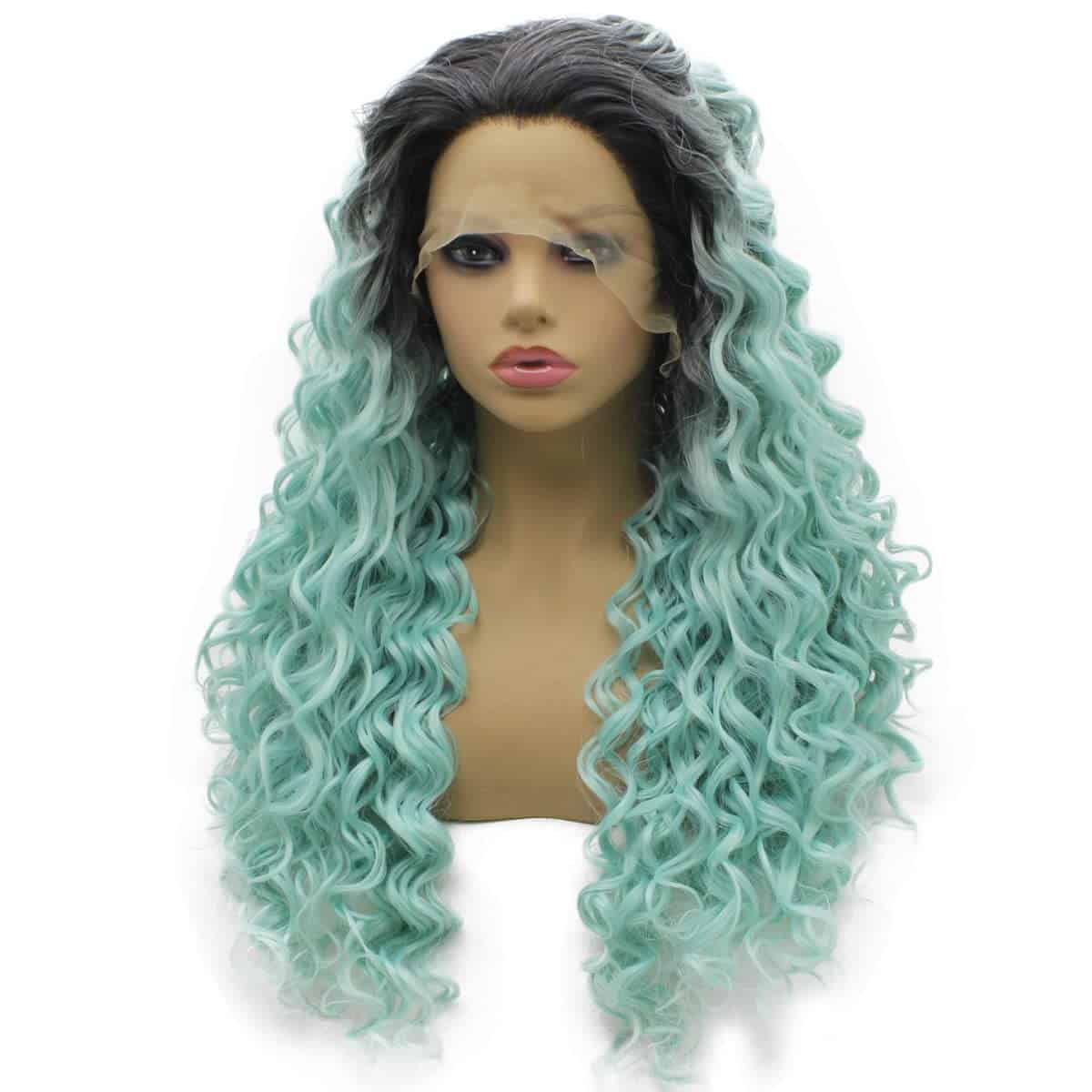 Pelucas de Sintético Largo Rizado Negro Azul Ombre de - Imagen 3