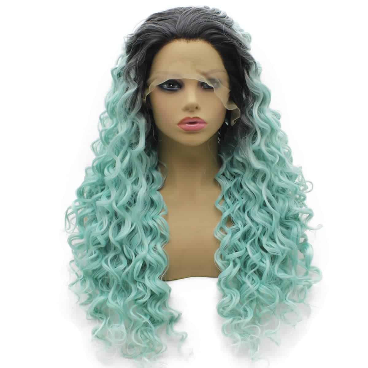 Pelucas de Sintético Largo Rizado Negro Azul Ombre de - Imagen 5