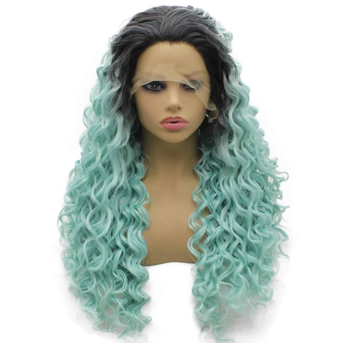 Pelucas de Sintético Largo Rizado Negro Azul Ombre de