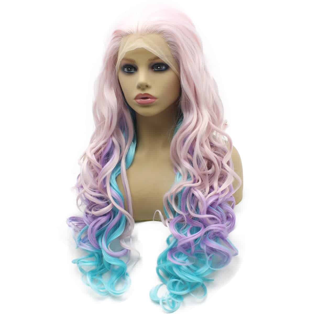 Peluca larga ondulada suiza de color rosa, azul y morado de - Imagen 7