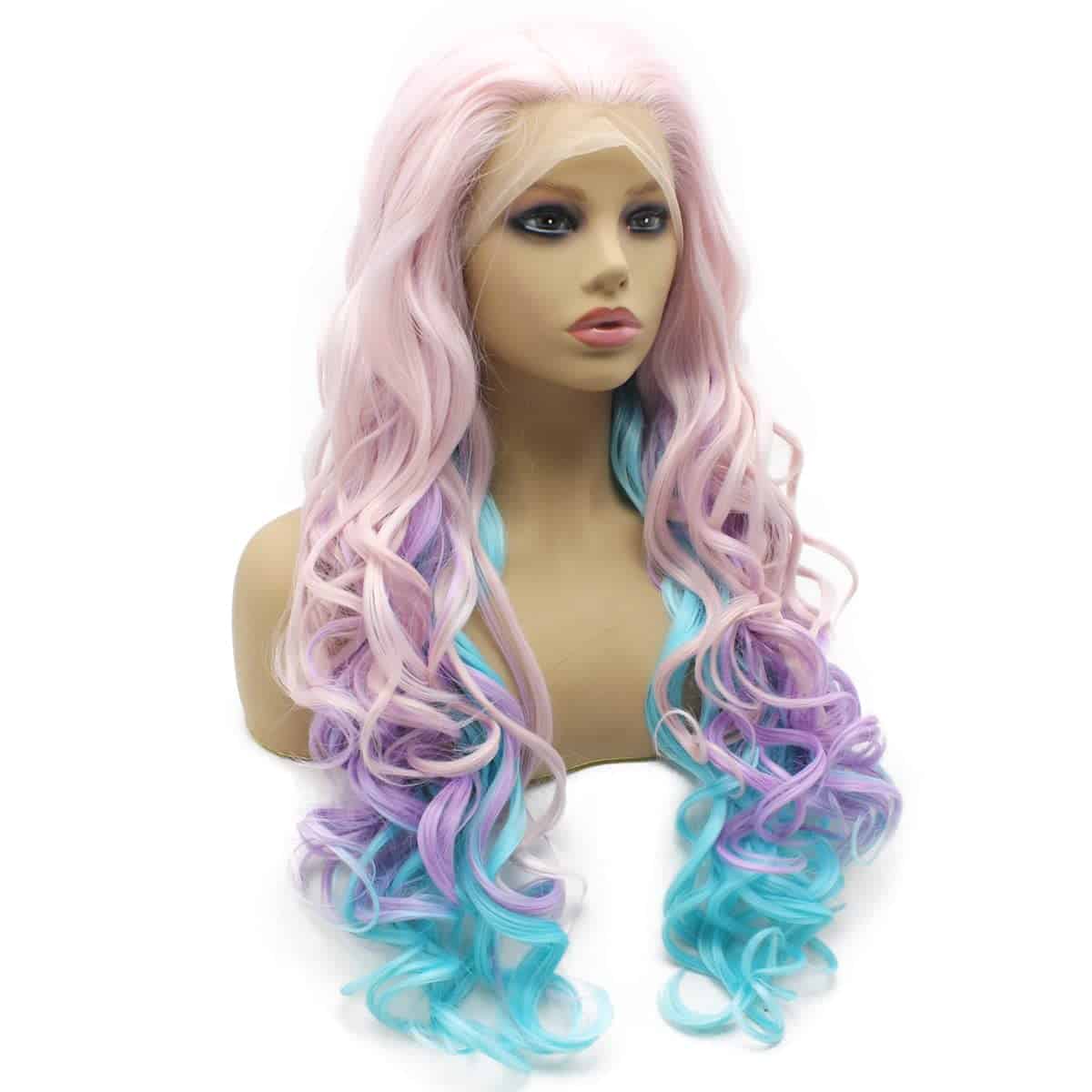 Peluca larga ondulada suiza de color rosa, azul y morado de - Imagen 4