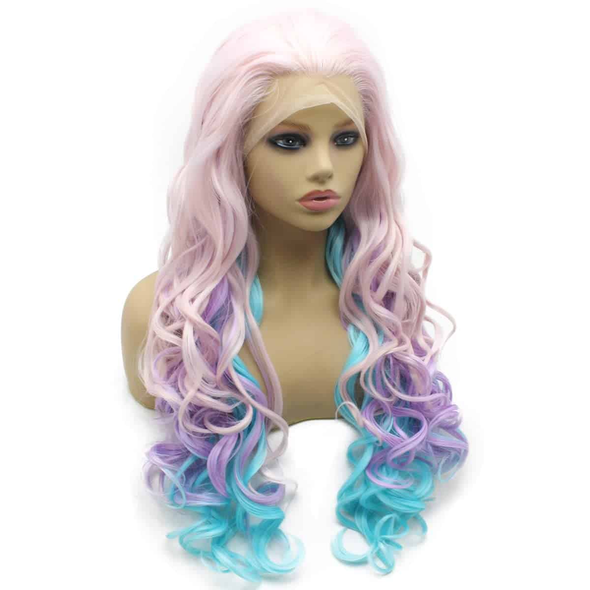 Peluca larga ondulada suiza de color rosa, azul y morado de - Imagen 5