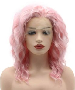 Pelucas Sintéticas de Encaje Frontal Rizado Corto Rosa de