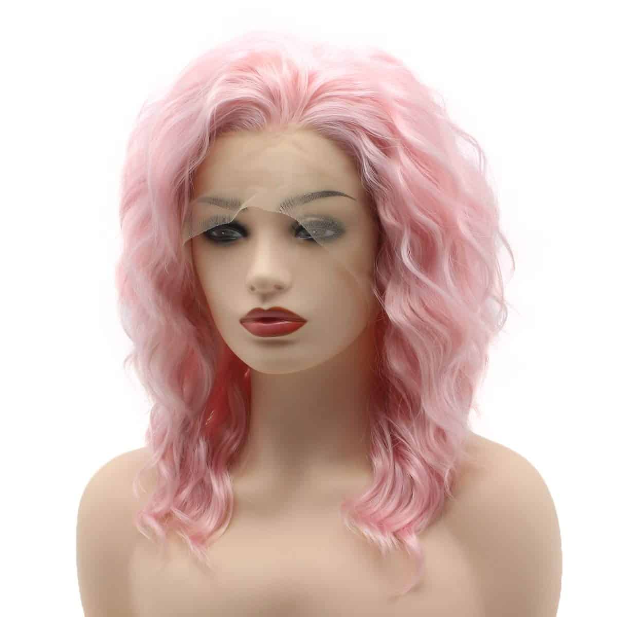 Pelucas Sintéticas de Encaje Frontal Rizado Corto Rosa de - Imagen 4