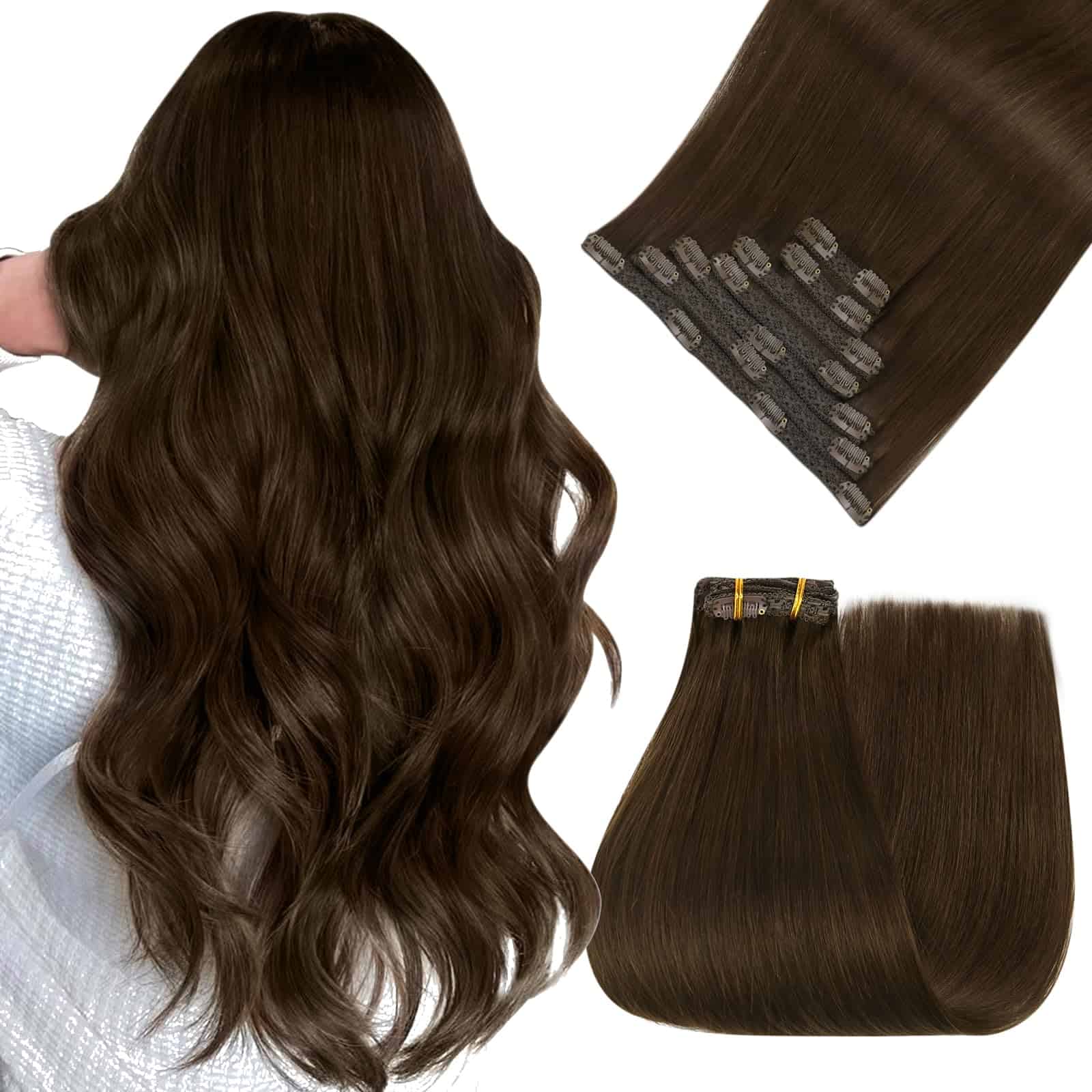 Extensiones de Cabello Humano Clip en Color Café Oscuro