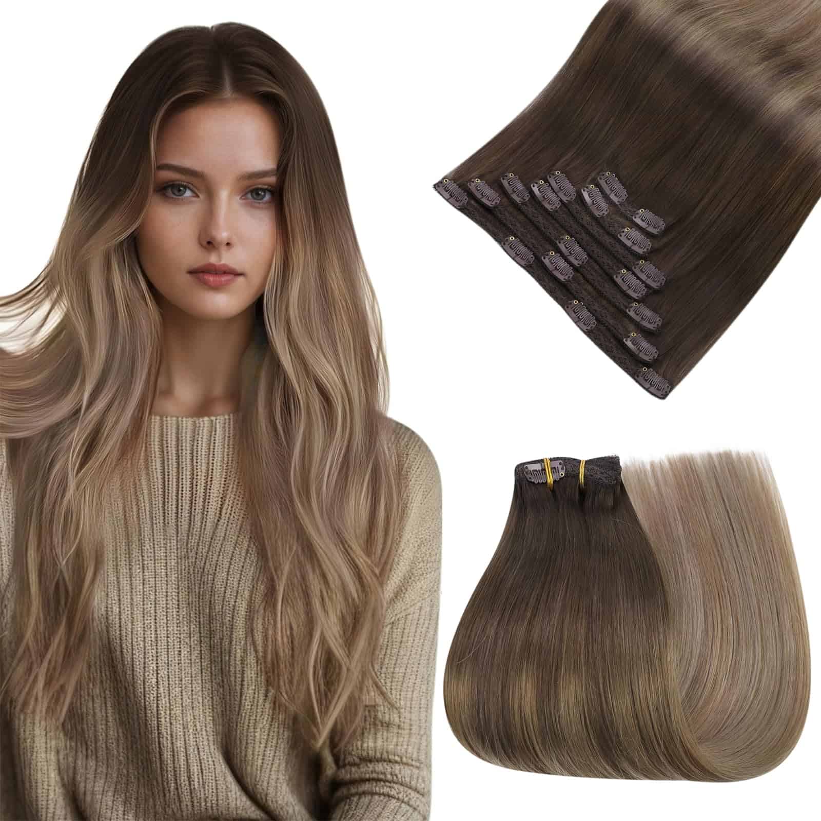 Extensiones de Cabello Clip in de Pelo Humano Real Marrón