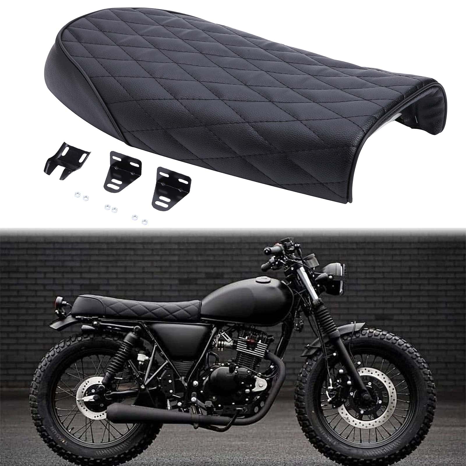 Asiento de motocicleta vintage negro de rombo plano retro
