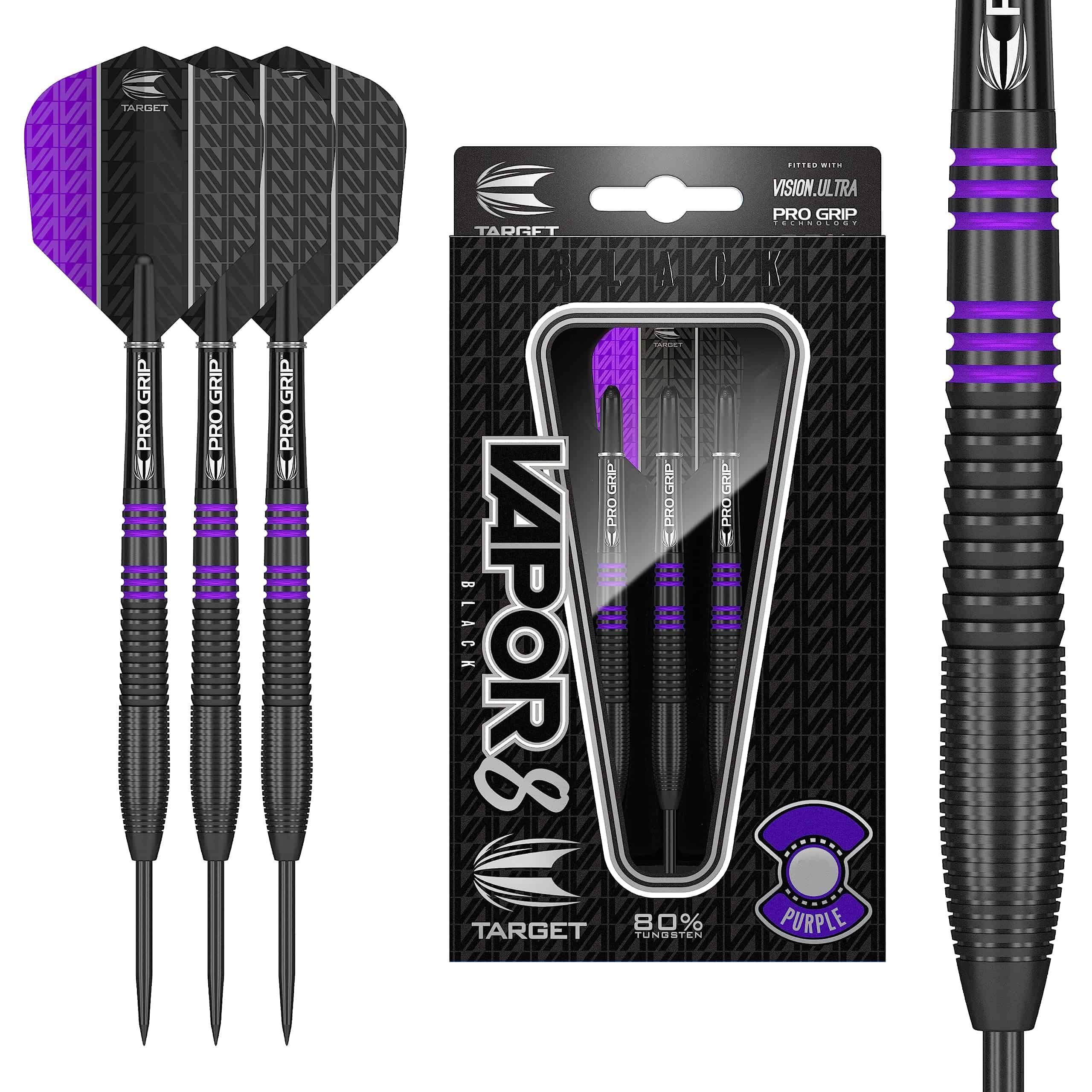 Dardos Target Vapor8 Negros 21g Punta de Acero Morados