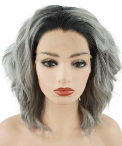 Pelucas Sintéticas de Encaje Frontal Ombre Gris Raíz Oscura