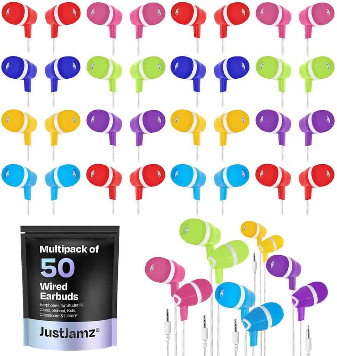 JustJamz Bulk Earbuds - Paquete de 50 Audífonos alámbricos