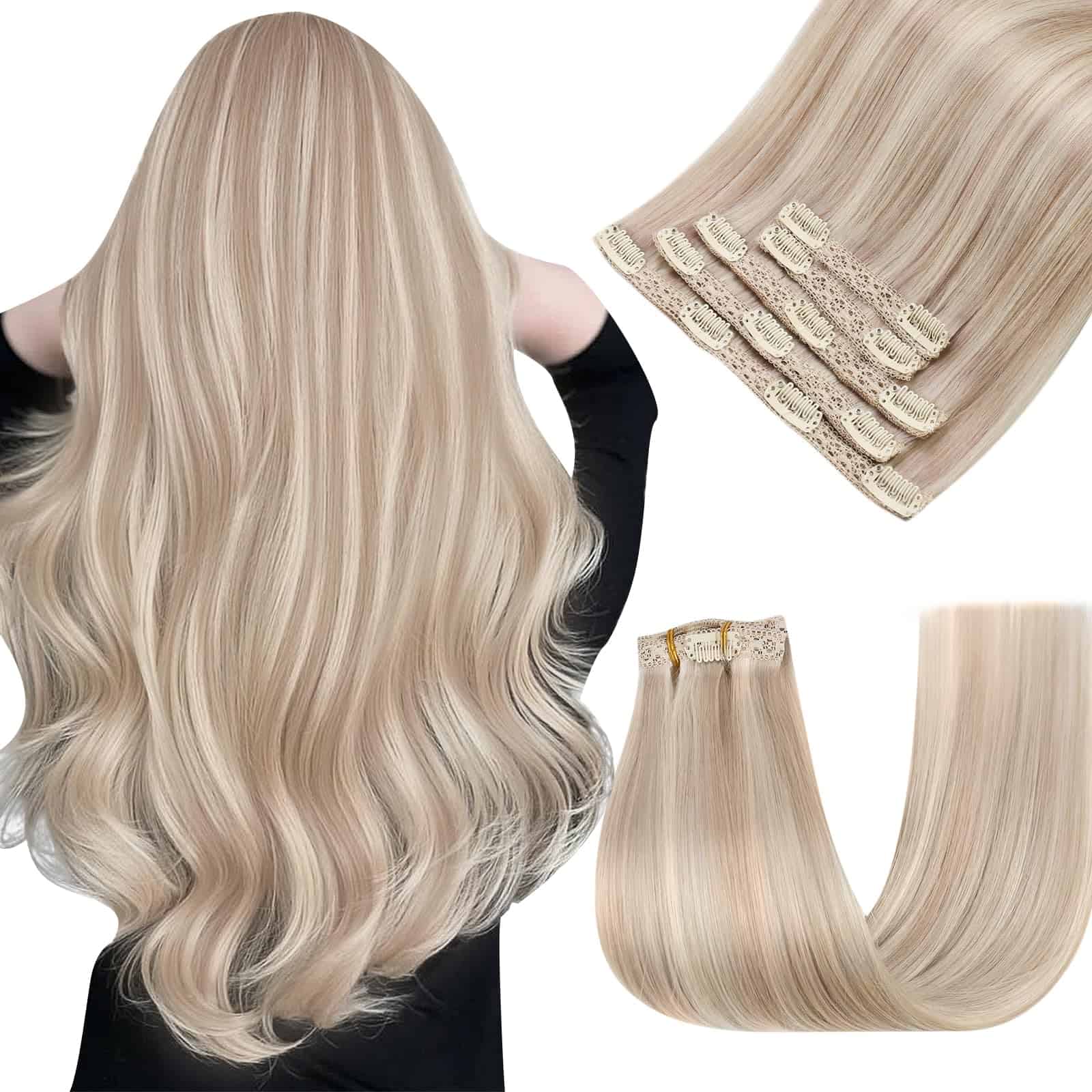 Easyouth Extensiones de Clip con Reflejos Cabello Real Remy