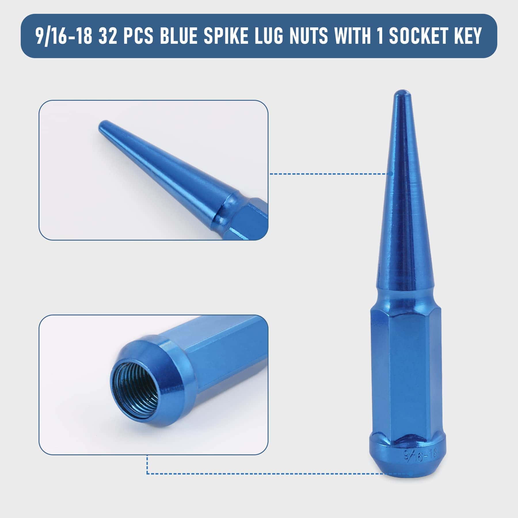 Pernos de rueda Spike 9/16-18 32 uds Azul Asiento Cónico - Imagen 7