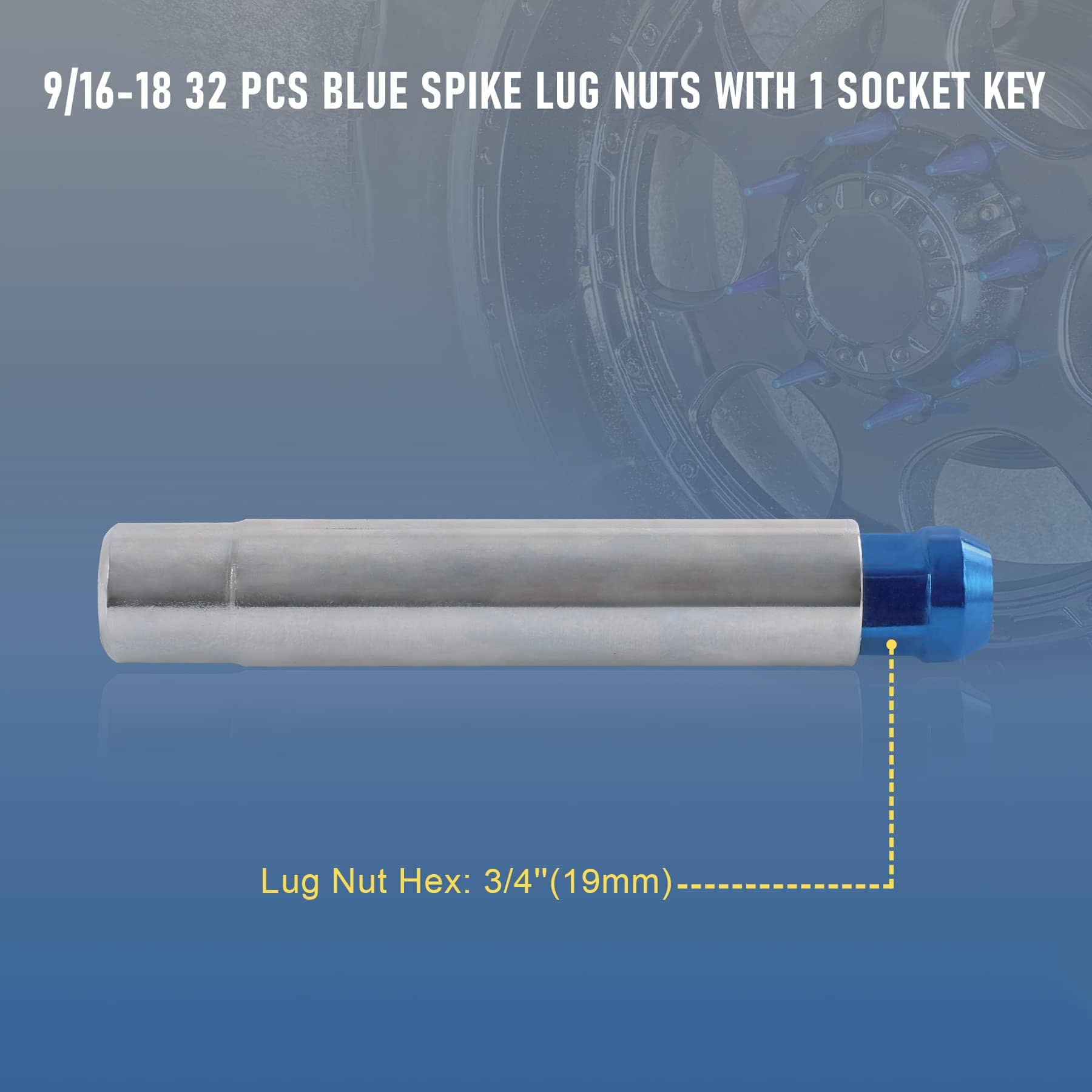 Pernos de rueda Spike 9/16-18 32 uds Azul Asiento Cónico - Imagen 6