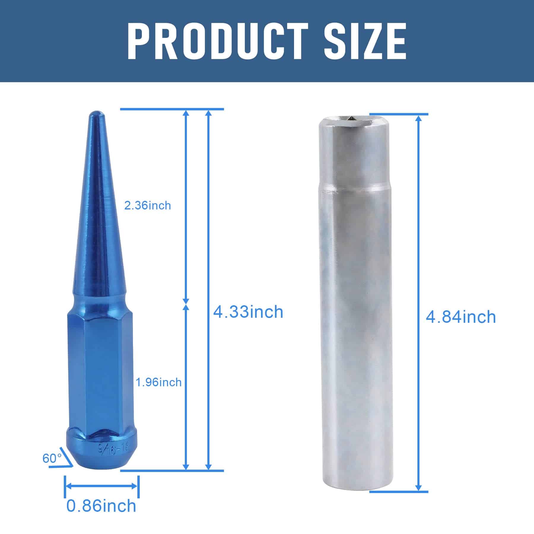 Pernos de rueda Spike 9/16-18 32 uds Azul Asiento Cónico - Imagen 5