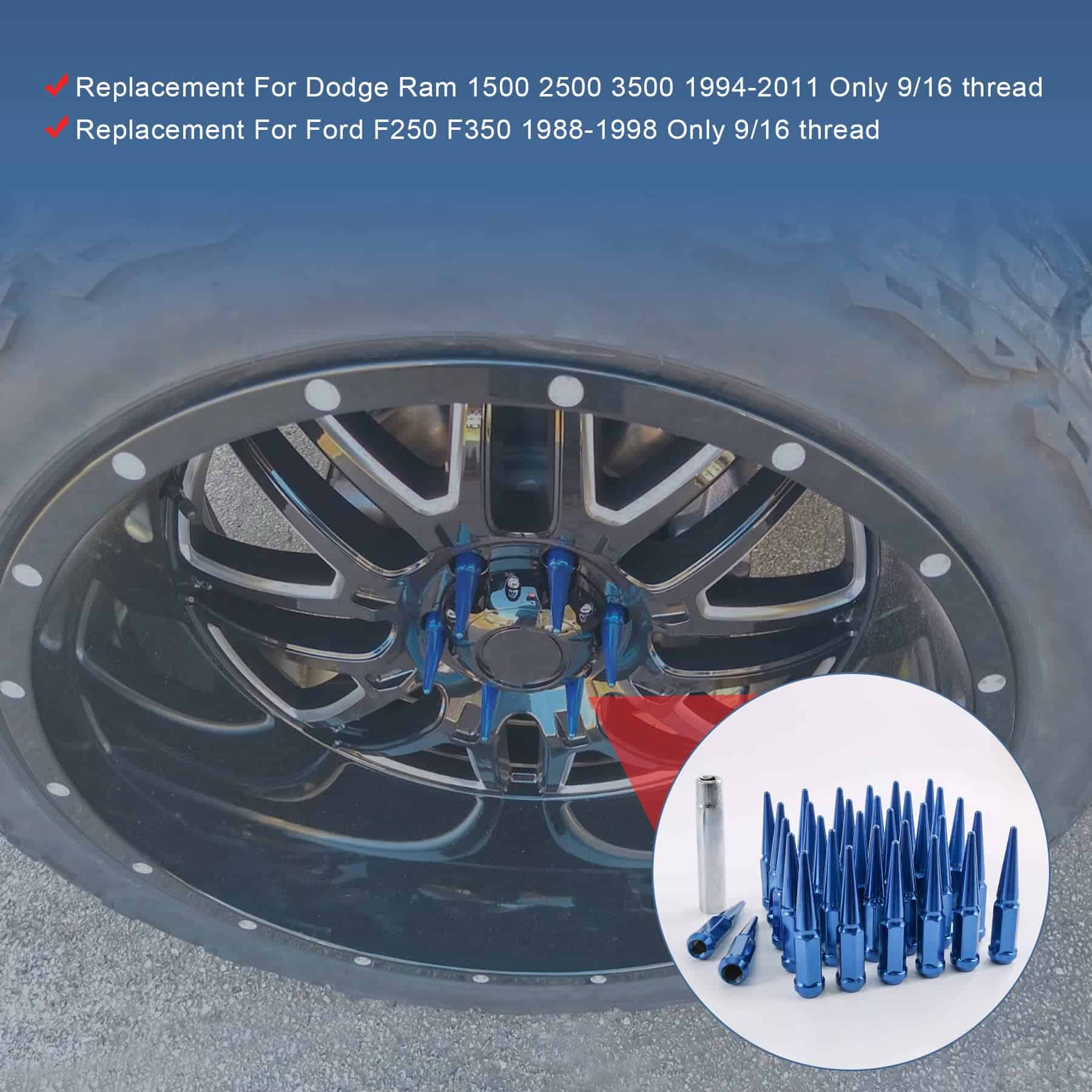 Pernos de rueda Spike 9/16-18 32 uds Azul Asiento Cónico - Imagen 4