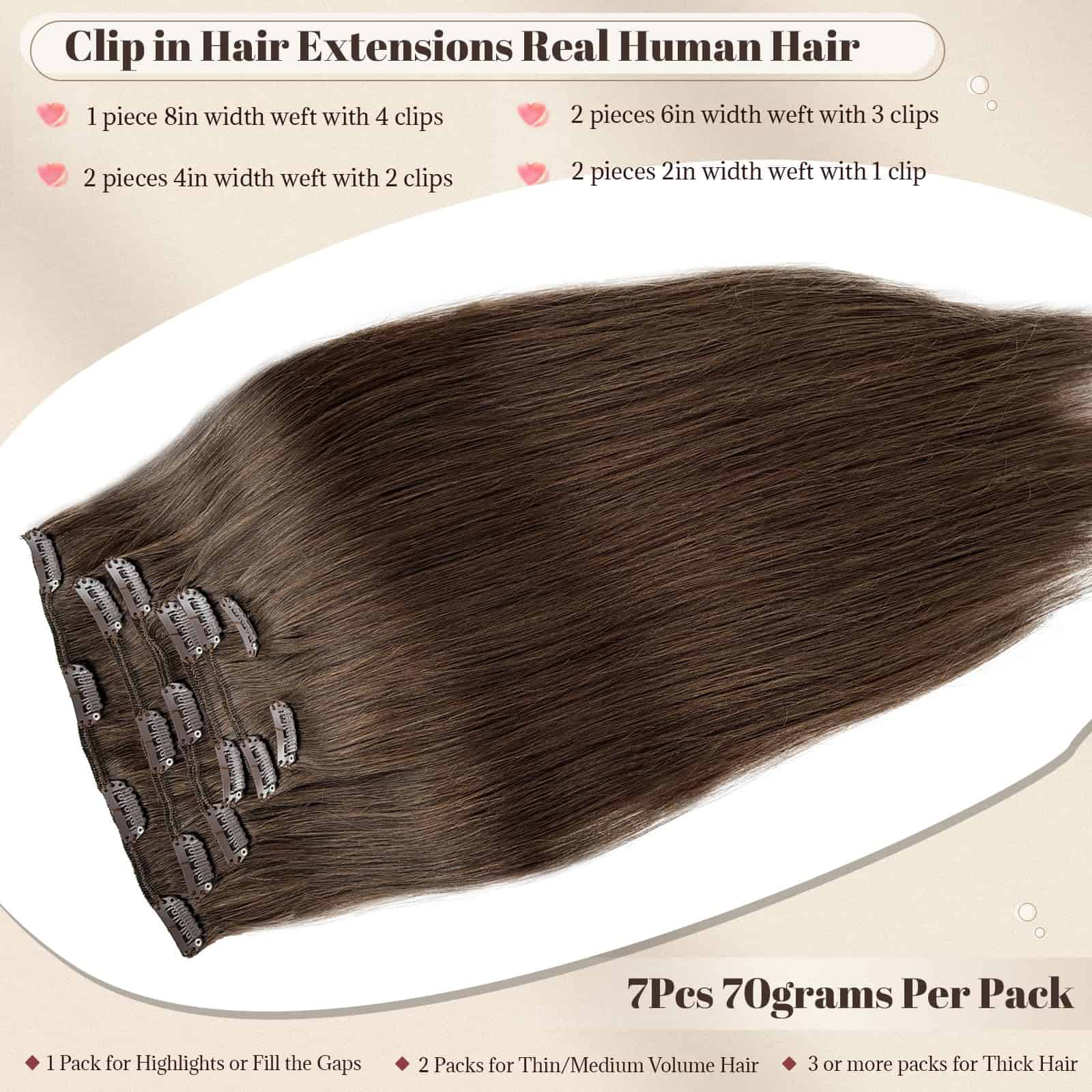 Extensiones de Cabello de Pelo Humano Clip ins #4 Marrón - Imagen 3