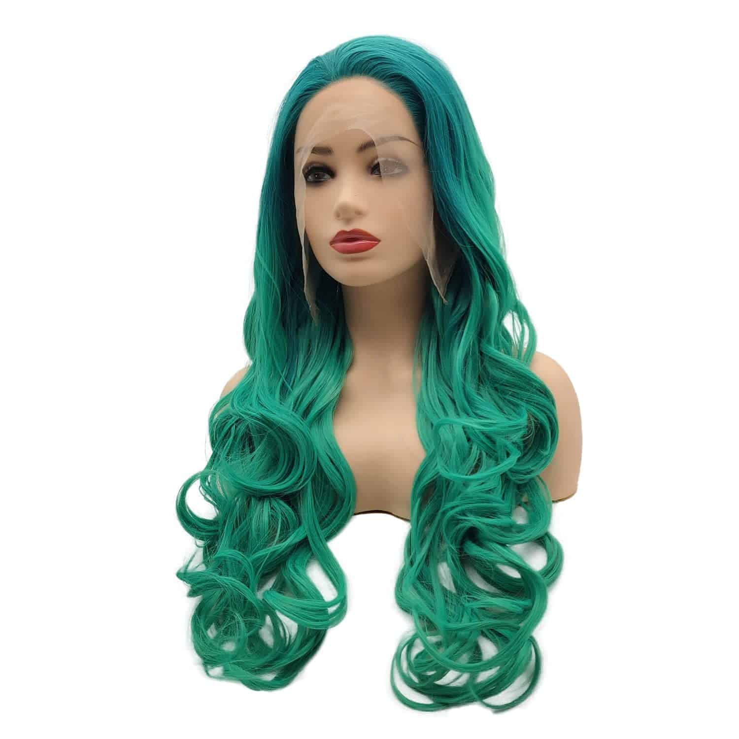 Peluca Sintética Lace Front Onda Larga Verde Raíz Verde - Imagen 4