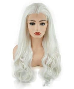 Pelucas sintéticas de encaje frontal blanco ondulado largo