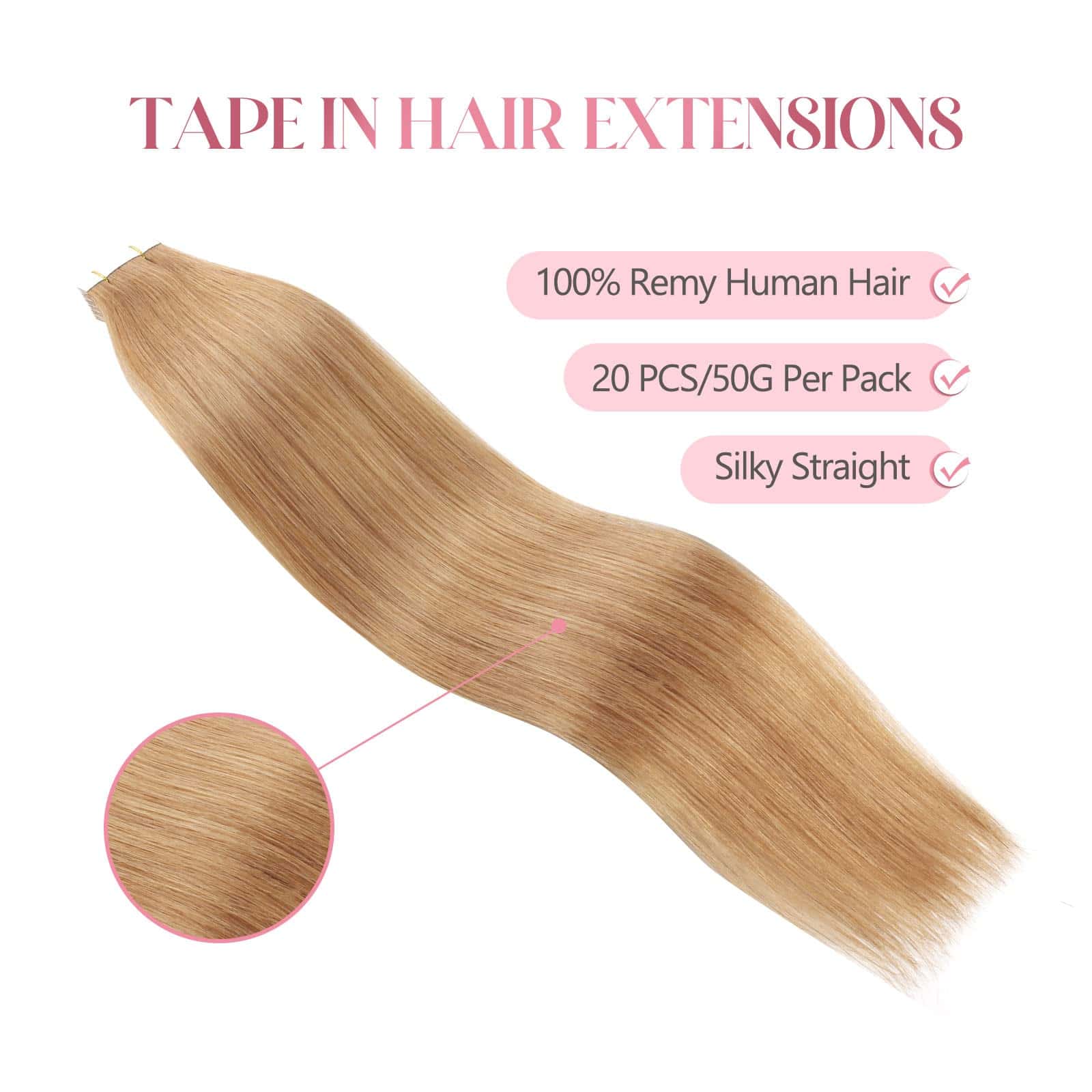 Extensiones de Cabello Remy Human Tape in Strawberry Blonde - Imagen 3