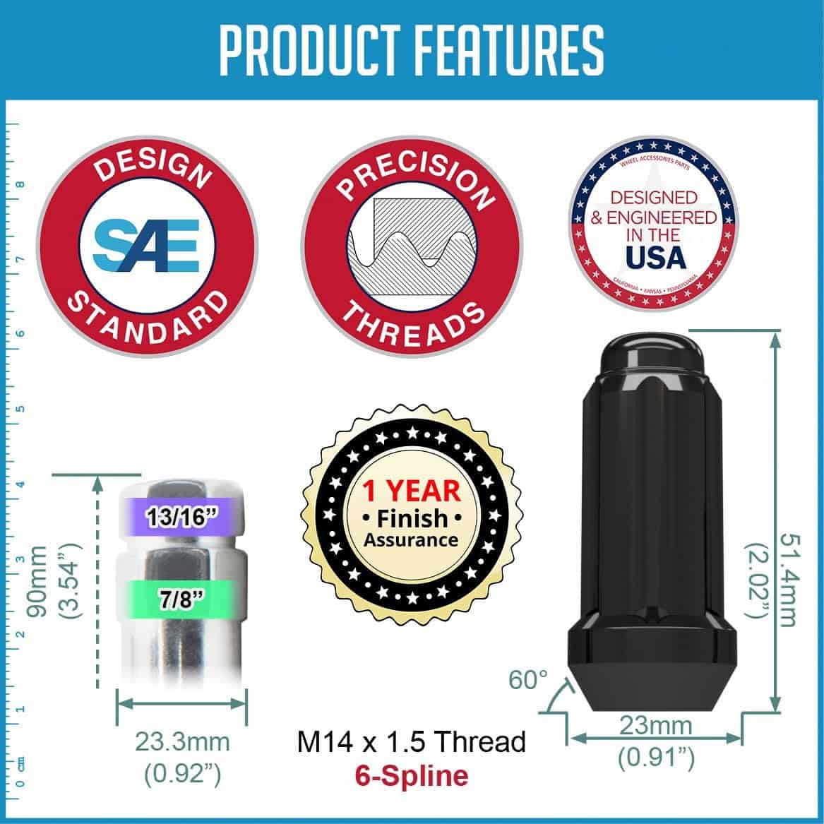 32 Pcs Tuerca de Rin de Estriado Largo M14x1.5 14x1.5 Negra - Imagen 6