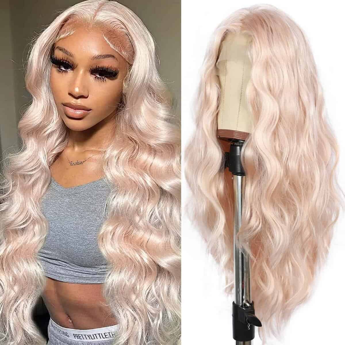SAPPHIREWIGS Peluca larga de onda corporal rosa de 24