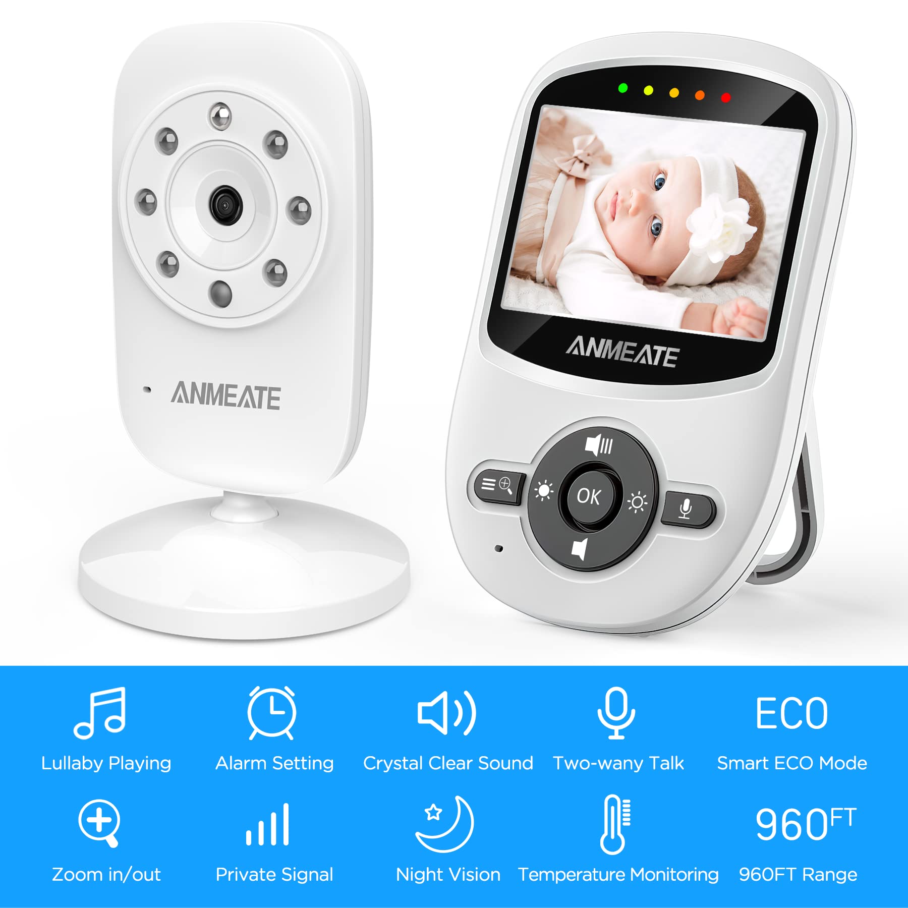 ANMEATE Video Baby Monitor con Cámara Digital, Monitor de - Imagen 3