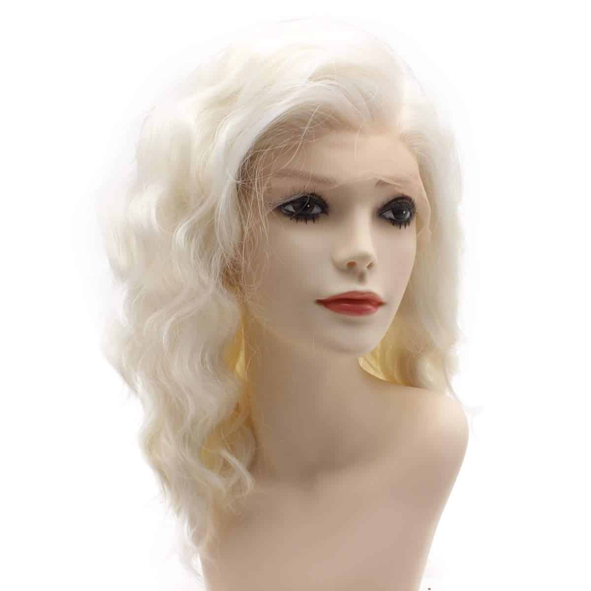 Pelucas de Encaje Frontal Sintético Ondulado Blanco Rubia