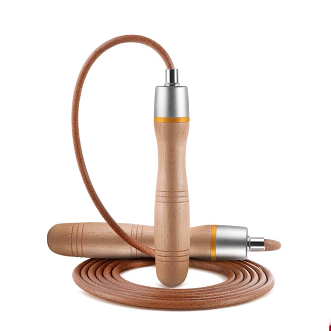 Cuerda de saltar de cuero ajustable, mango de madera maciza