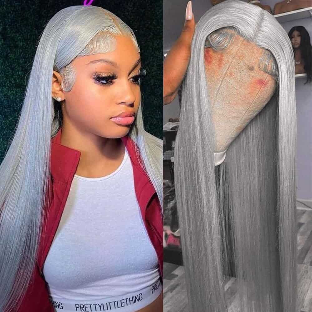 Pelucas de cabello largo de color gris para mujer Pelucas