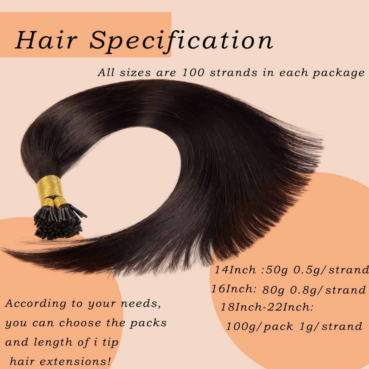 Extensiones de Cabello Humano I-Tip, 16 Pulgadas 40cm #1B - Imagen 5