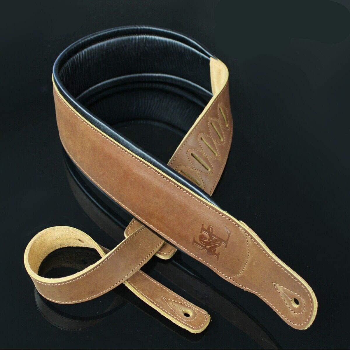 Correa de Guitarra y Bajo Doble Acolchada de Cuero Marrón