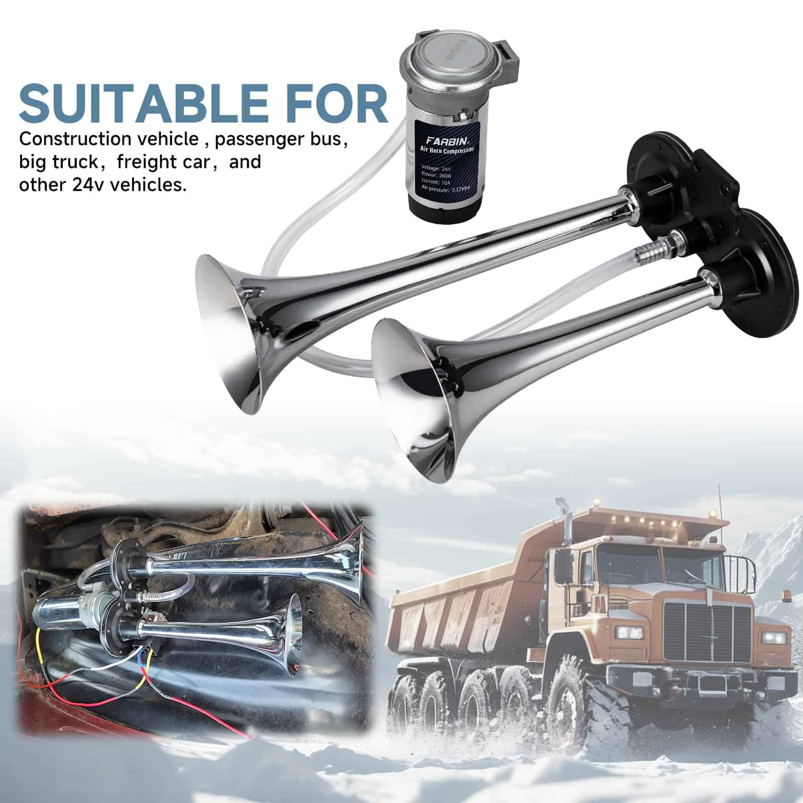 Claxon para Coche FARBIN 24V 150db Súper Fuerte Kit de - Imagen 3