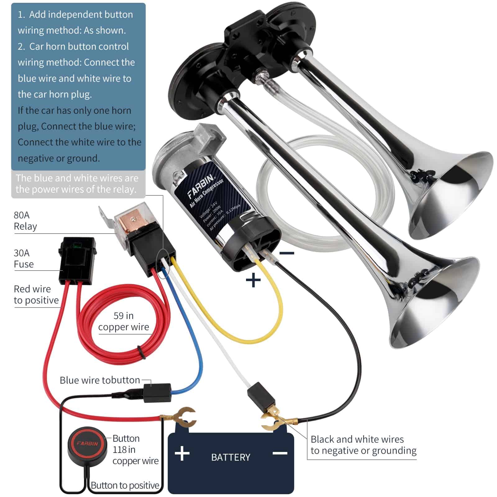 Claxon para Coche FARBIN 24V 150db Súper Fuerte Kit de - Imagen 7