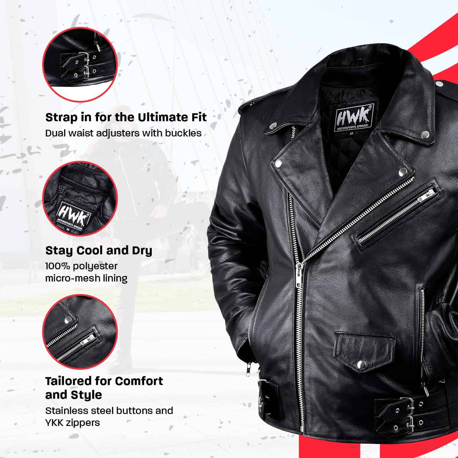 Chaqueta de Moto de Cuero HWK Brando para Hombres, Chaqueta - Imagen 4