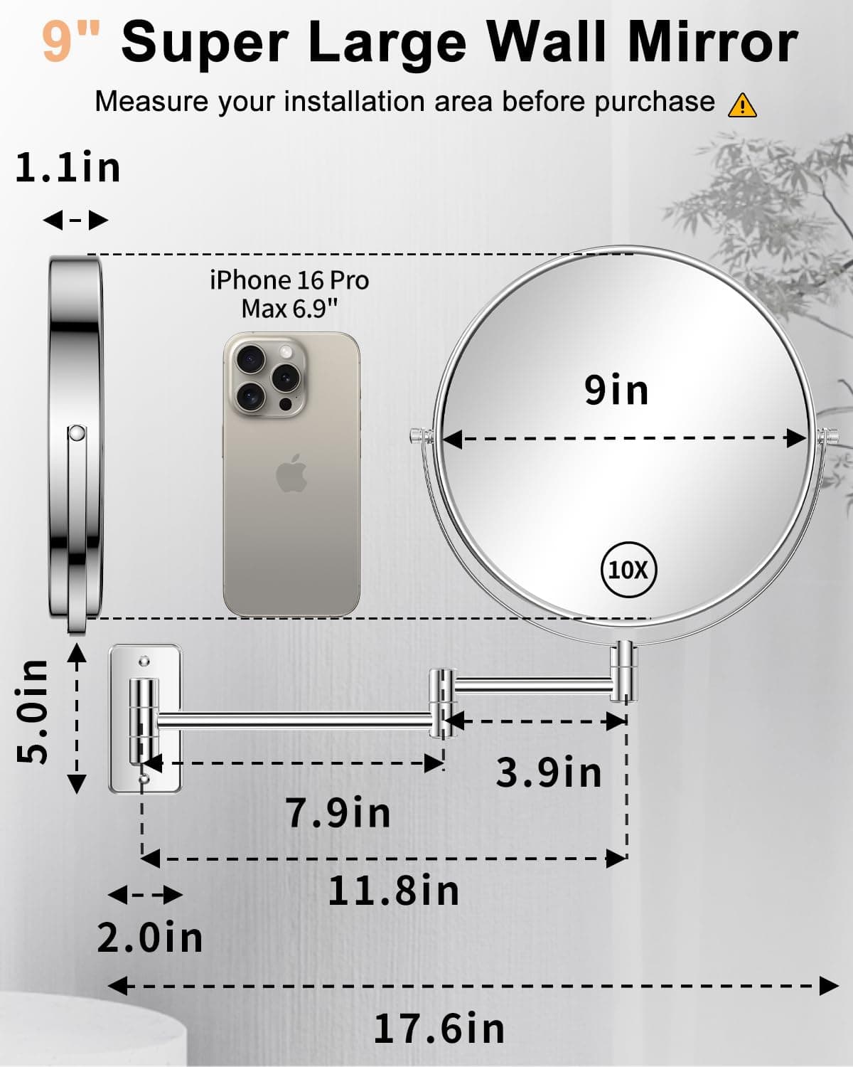 Espejo de Pared Extra Grande Gospire de 9 Pulgadas con - Imagen 3