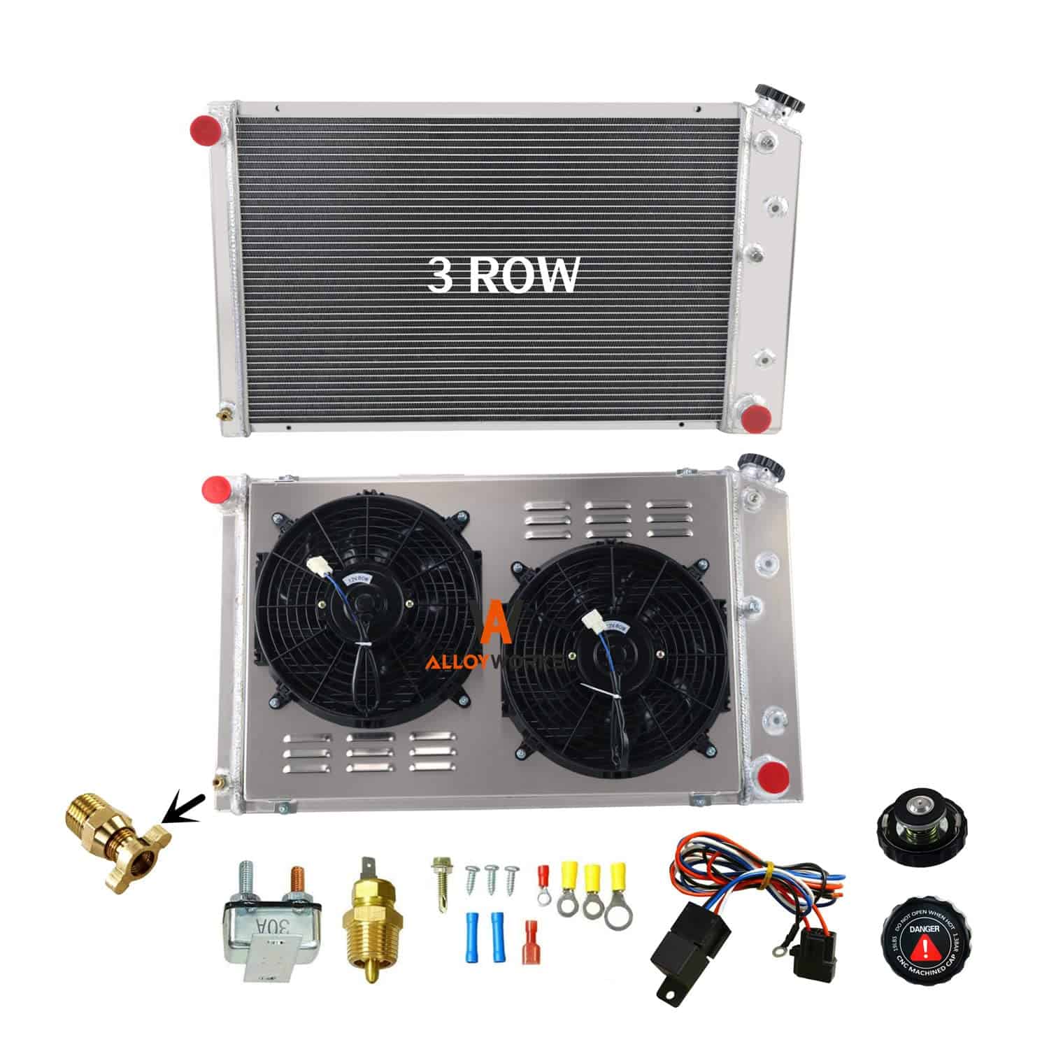 ALLOYWORKS Radiador de Aluminio de 3 Filas + 2 Ventiladores