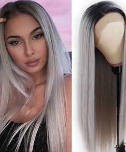 Peluca frontal de encaje gris Lezaxiu cabello largo recto