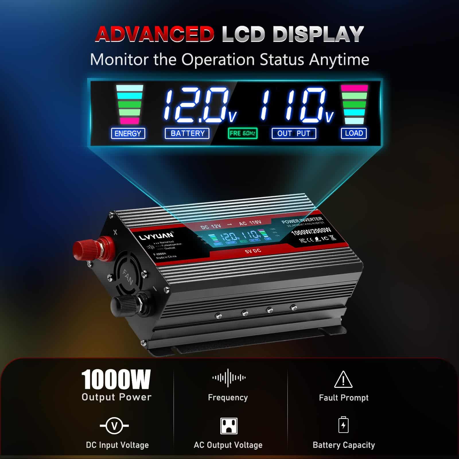Inversor de Corriente para Automóvil LVYUAN 1000W 12V a - Imagen 3