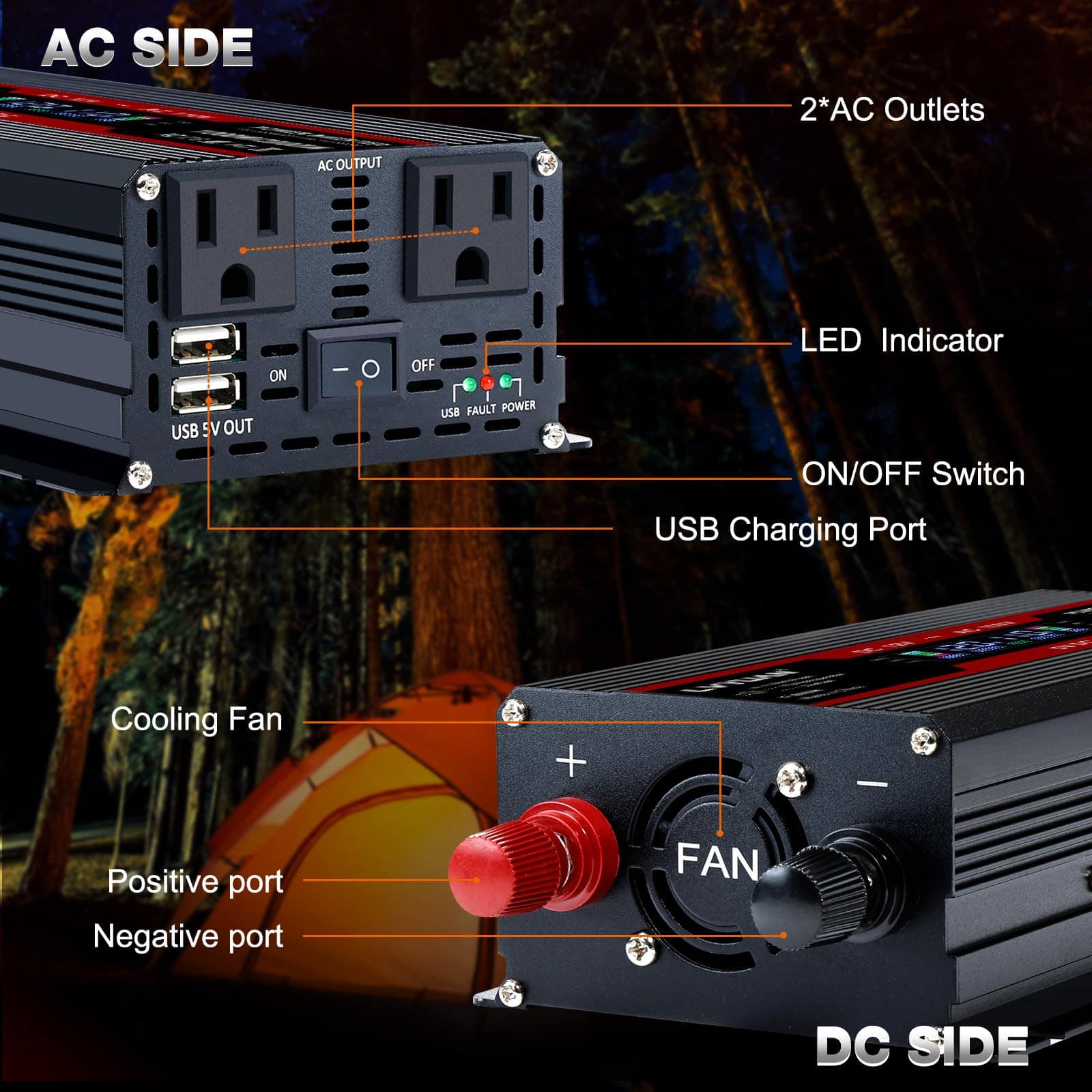 Inversor de Corriente para Automóvil LVYUAN 1000W 12V a - Imagen 4