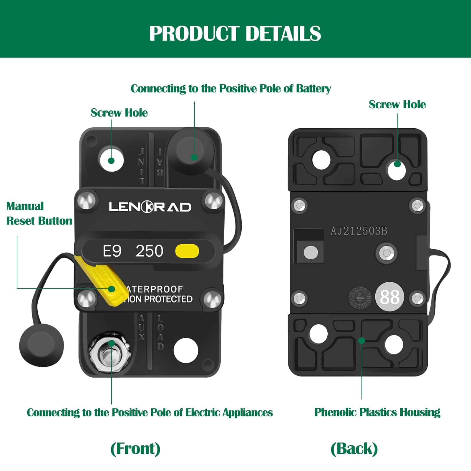 LENKRAD 250 Amp Marine Interruptor Automático Restaurable - Imagen 8