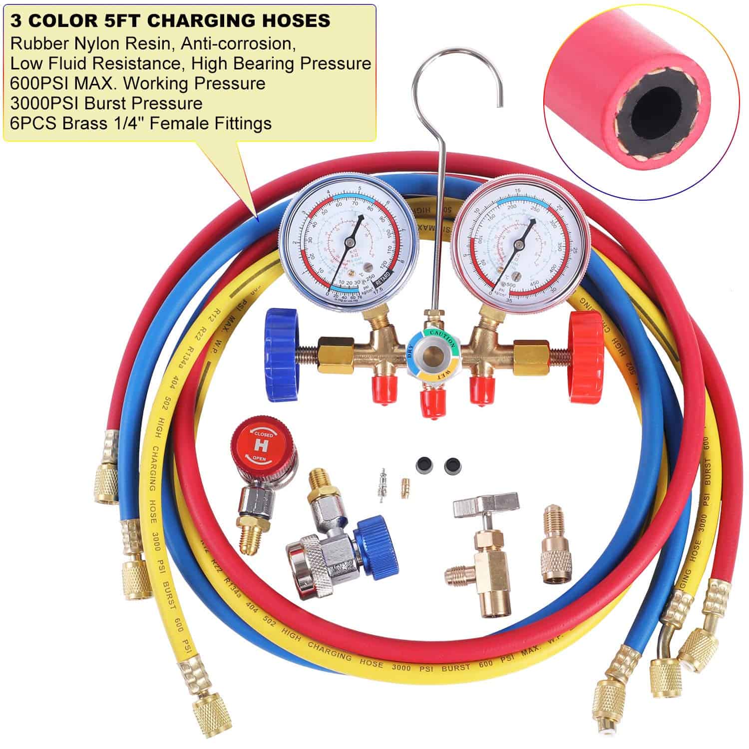 JIFETOR Juego de Manifold de AC de 3 Vías, Herramienta de - Imagen 6