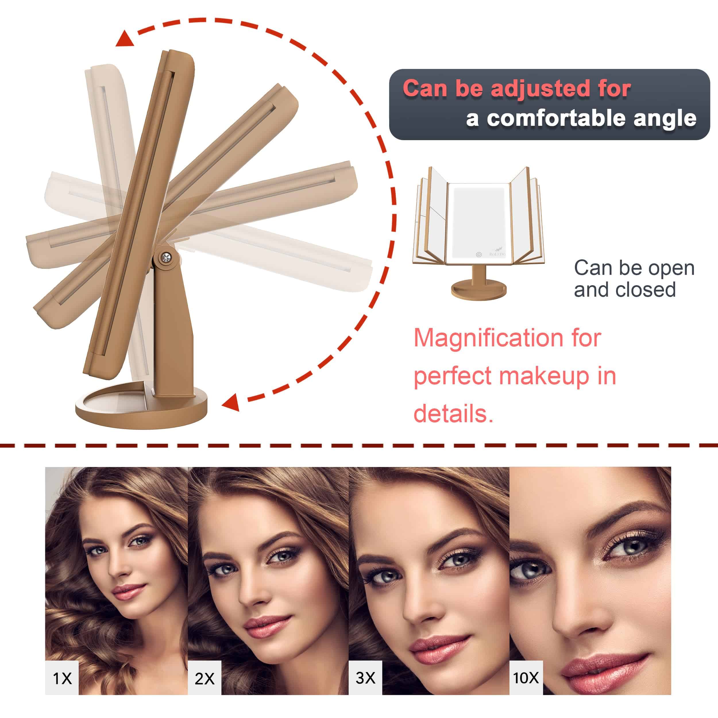 Espejo de Maquillaje con Luces 3 Pliegues RoLeDo, Espejo de - Imagen 5