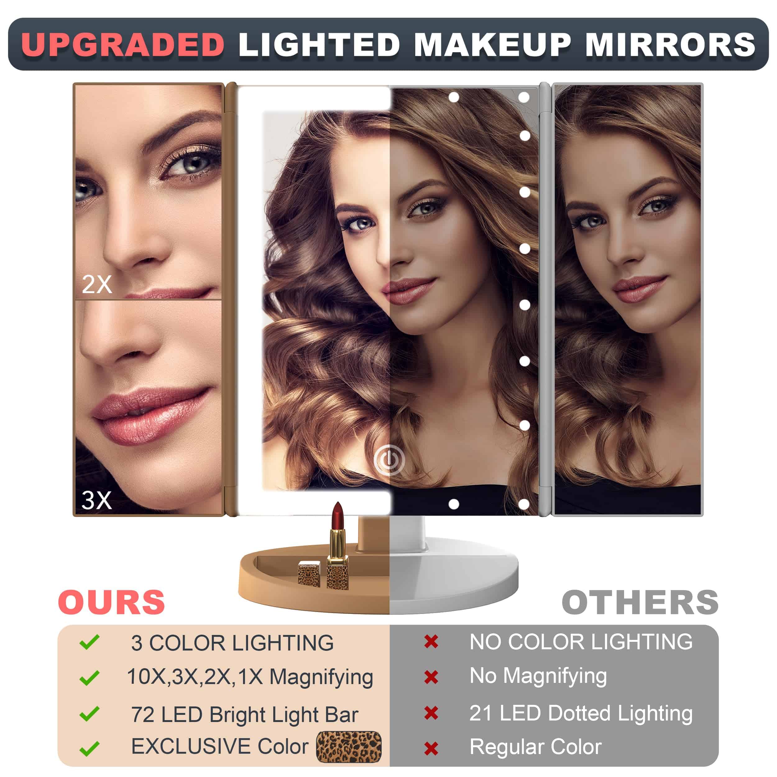 Espejo de Maquillaje con Luces 3 Pliegues RoLeDo, Espejo de - Imagen 3