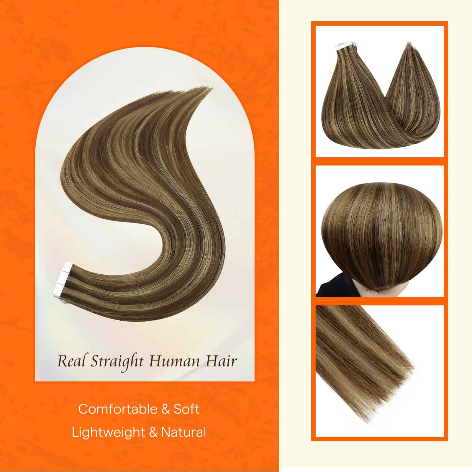 Extensiones de Cabello Humano Tape In -Marrón con Reflejos R - Imagen 3