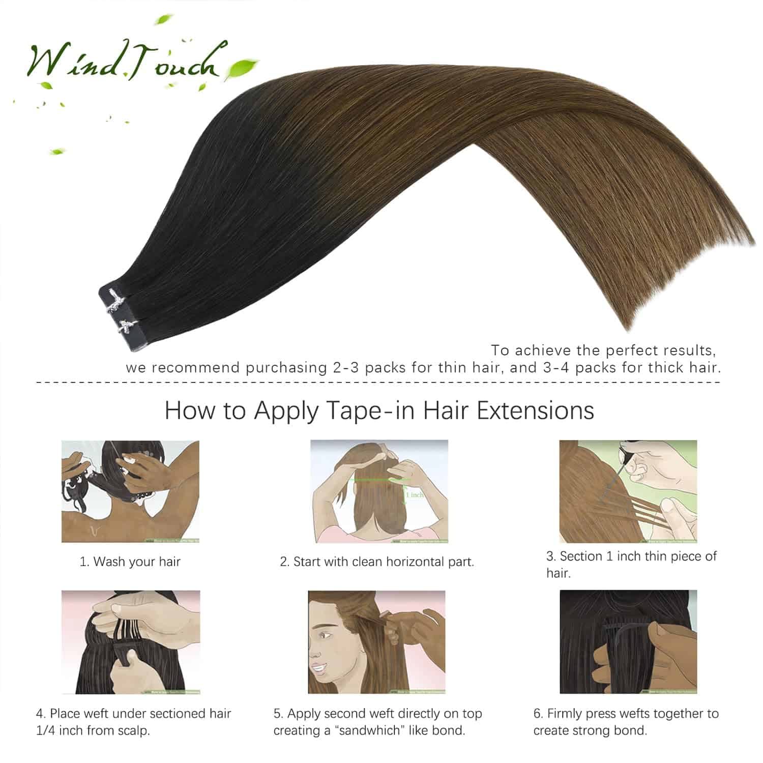 WindTouch Extensiones de Cabello en Cinta Balayage Negro - Imagen 3