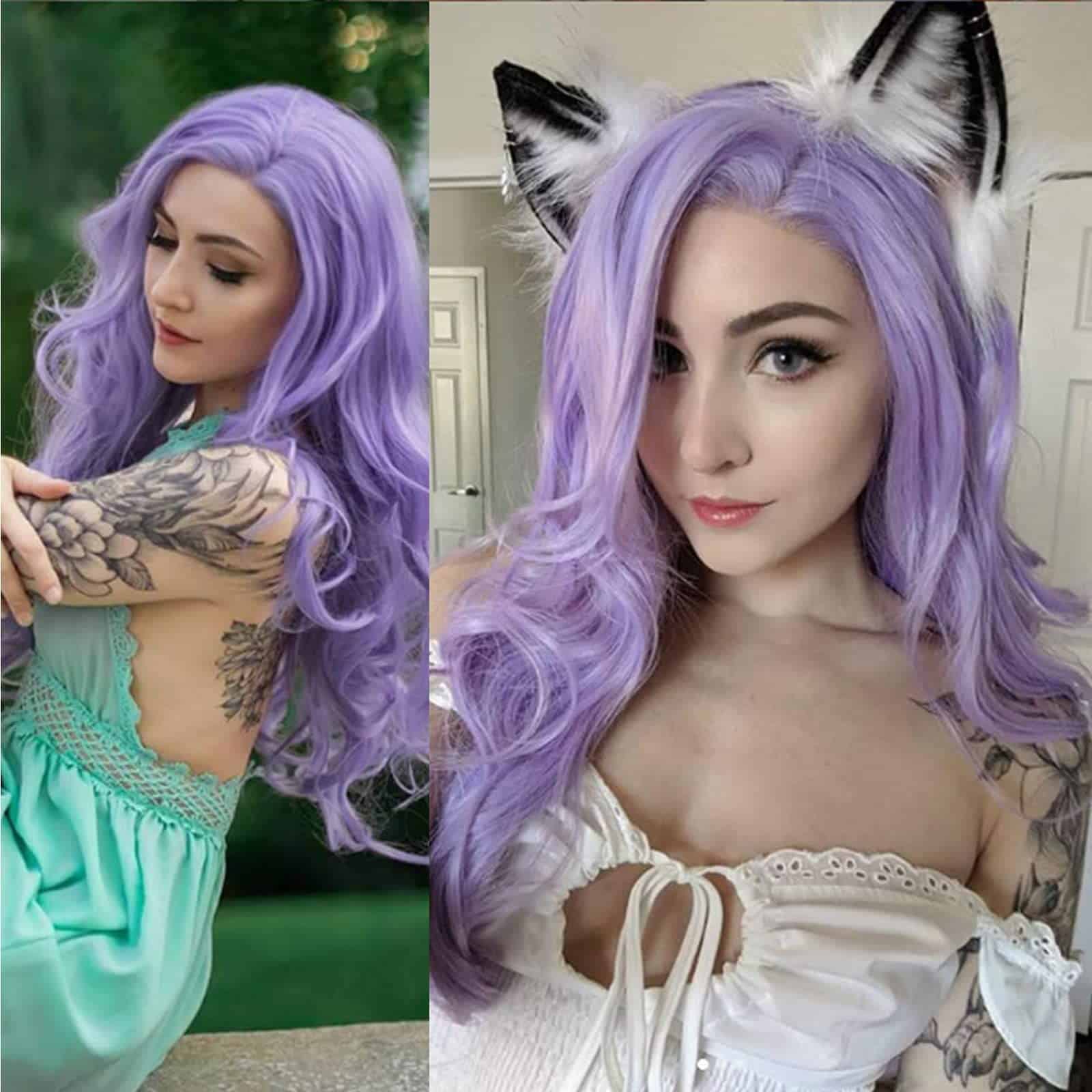 Pelucas de Encaje Morado para Mujeres Onda Larga Real - Imagen 9