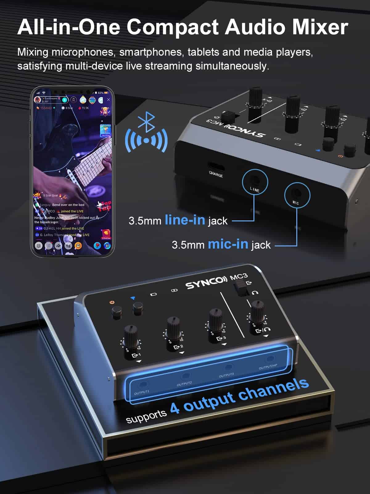 Mezcladora de Audio SYNCO, Mezclador Estéreo Portátil de 4 - Imagen 4